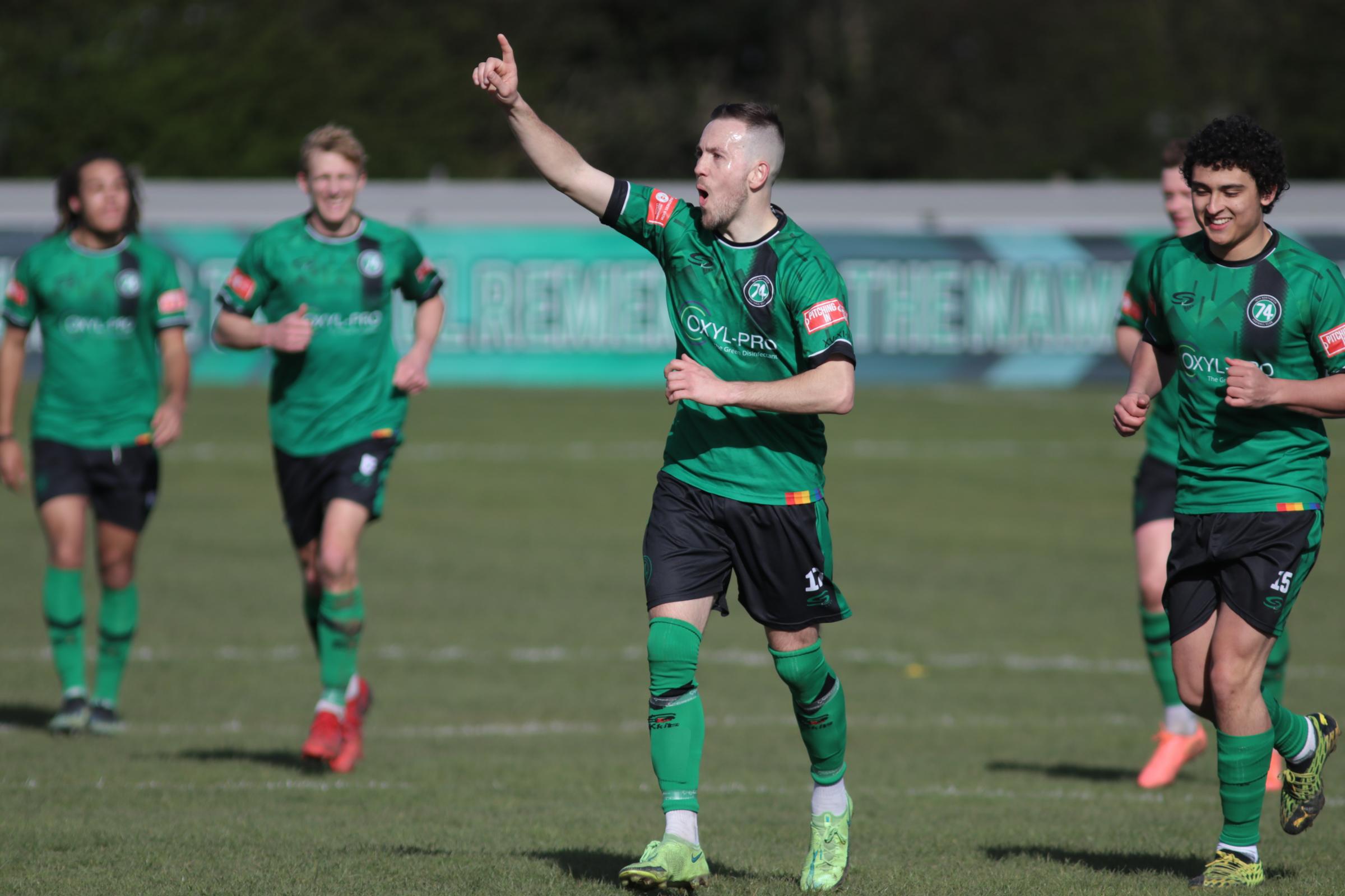 Callum Garner raises his arm after scoring the final goal in 1874 Northwichs 7-0 home win against Market Drayton. Picture: Xenia Simpson Photography