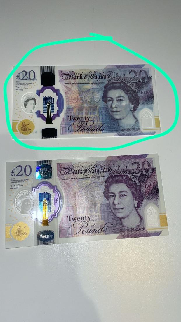 Northwich Guardian: Fake £20 notes being used in Northwich - one circled is a fake that lost colour after being sanitised