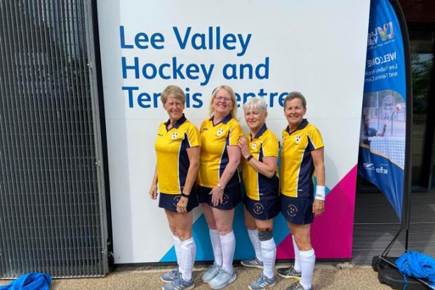 Winnington Park Hockey Club’s Eileen Miller, Julia Harries, Chris Davies and Rosie Field representing Cheshire over 55s at Lea Valley