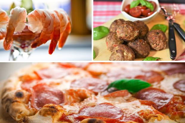 Northwich Guardian: (Top left clockwise) Prawn cocktail, Meatballs, Pizza. Credit: PA/Canva