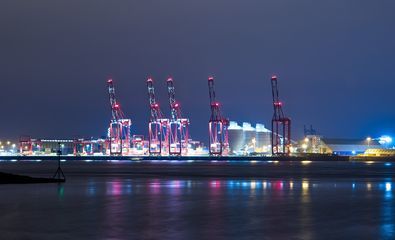 Coloured lights on the cranes from Egremont by Ken Cristy