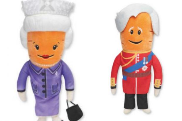 Northwich Guardian: Kevin the Carrot toys: (right) the Queen and (left) Prince Charles (Aldi/Canva)