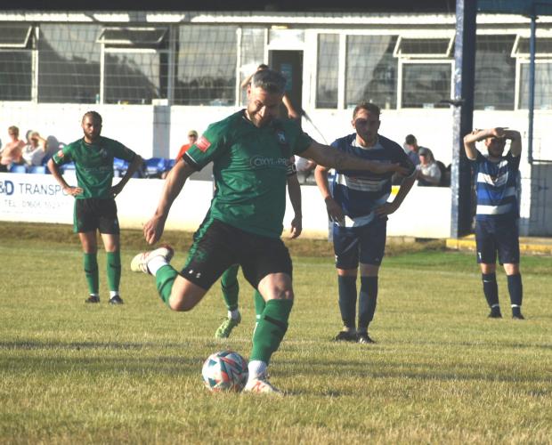Northwich Guardian: Player-coach Jamie Reed scores first for 1874 Northwich from the penalty spot. Picture: Luke Reynolds