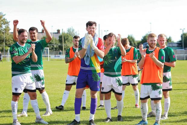 Northwich Victoria players celebrate victory over Squires Gate in the FA Cup. Picture: Angela Buckley
