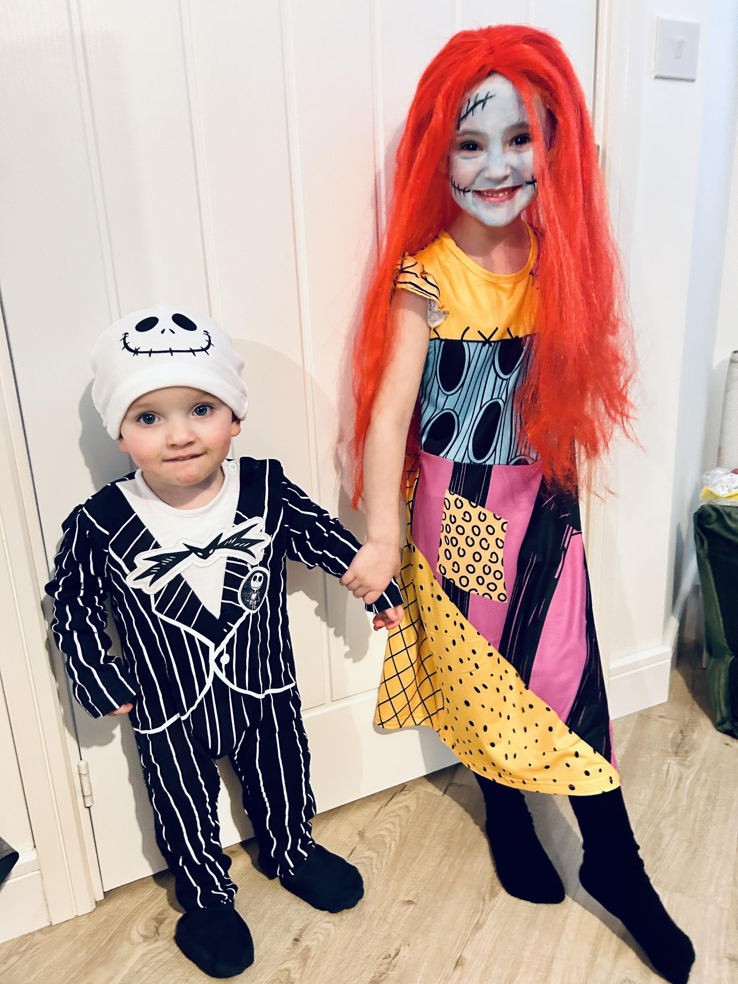 Freddie and Florence Hannon from Winsford ready for a Halloween party dressed as Jack Skellington and Sally from The Nightmare Before Christmas