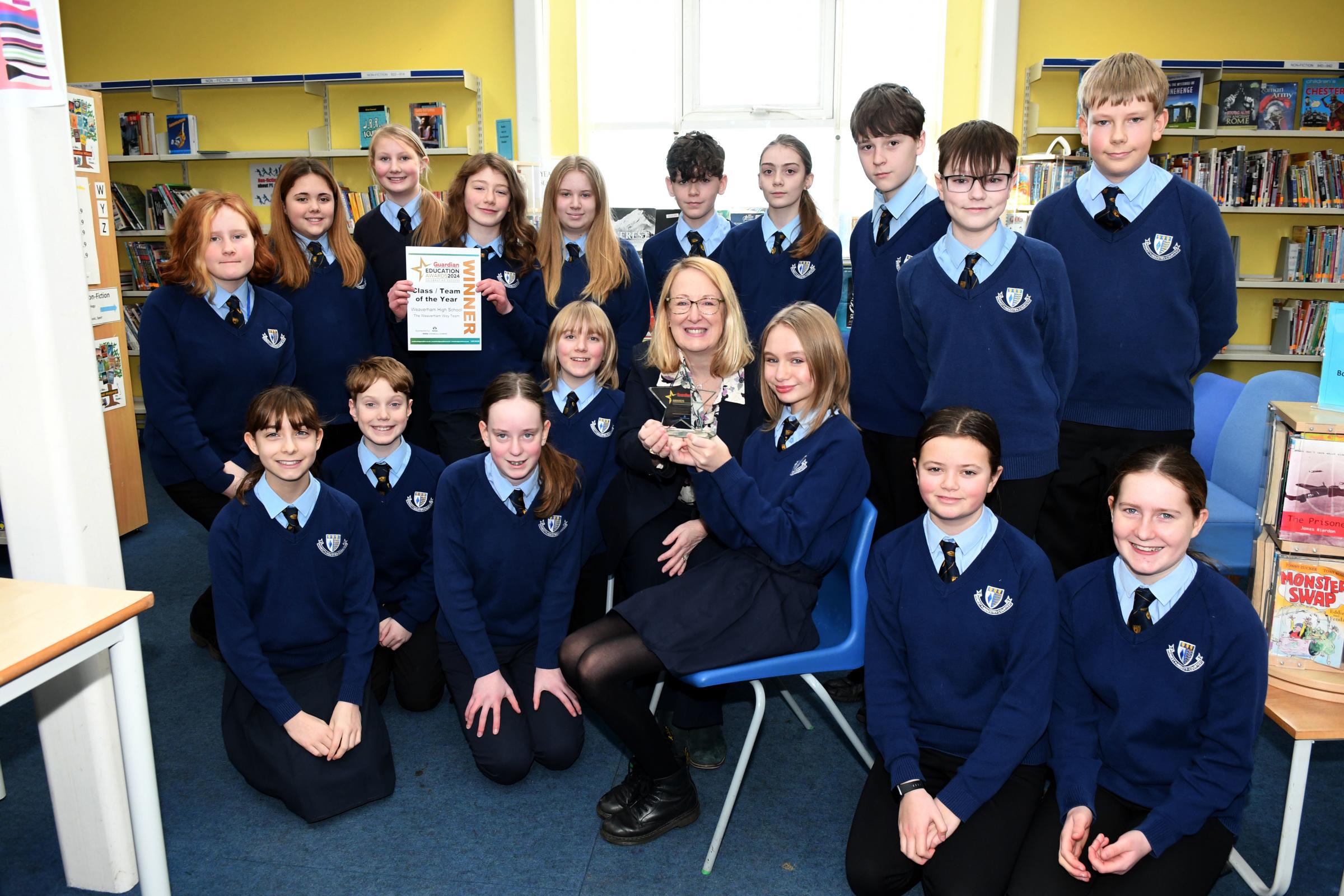 Pauline Yould from Tata Chemicals and the Team of the Year at Weaverham High School