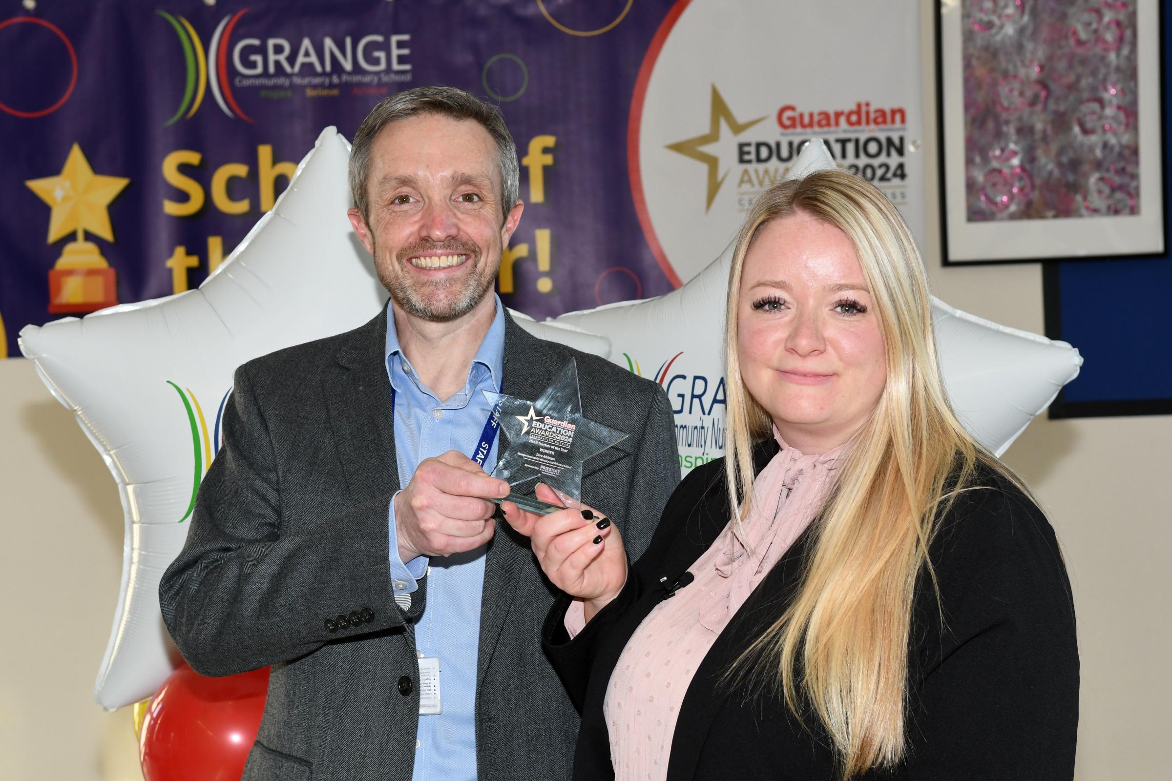 Headteacher of the Year winner Sara Albiston with award sponsor Adam Bird from Priestley College