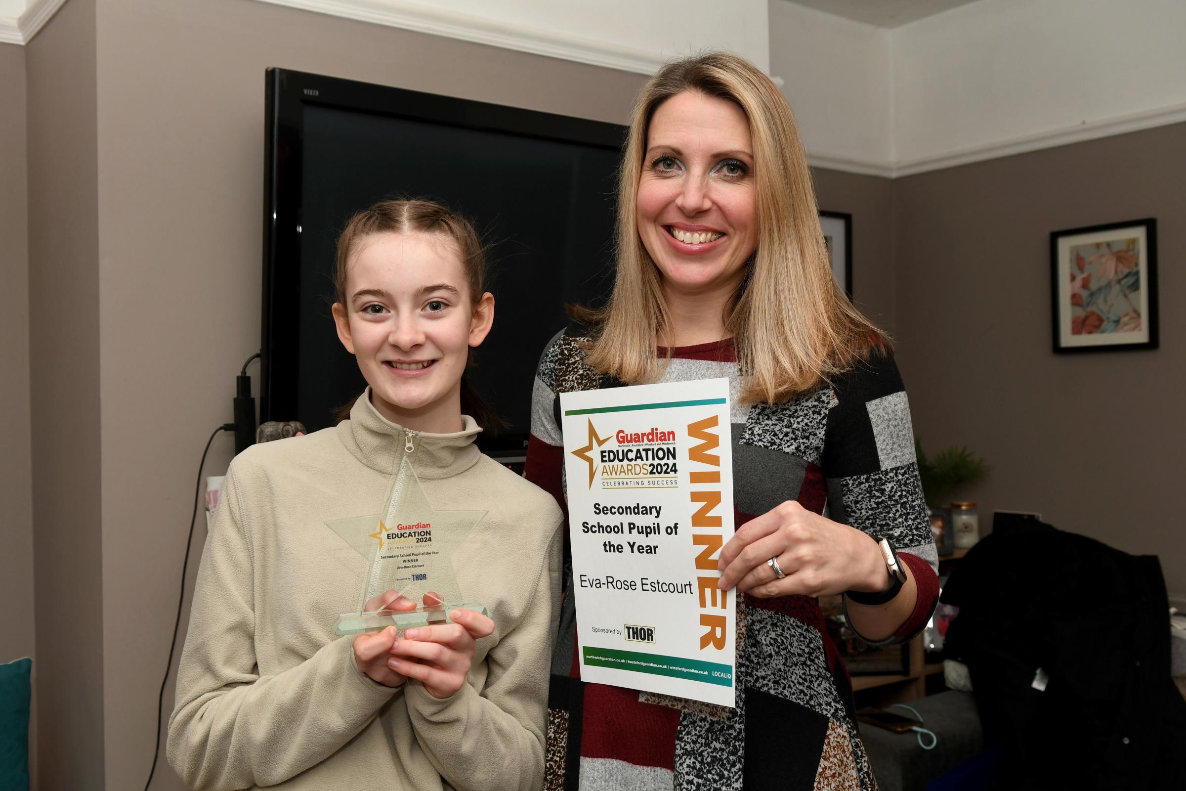 Eva-Rose Estcourt was presented with the Secondary School Pupil of the Year Award by the Northwich and Winsford Guardians Heidi Summerfield