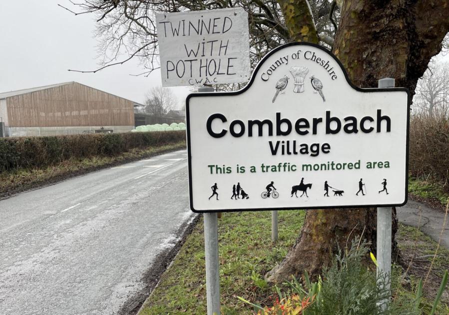 Comberbach 'Twinned with Pothole' sign highlights ‘woeful’ repairs 