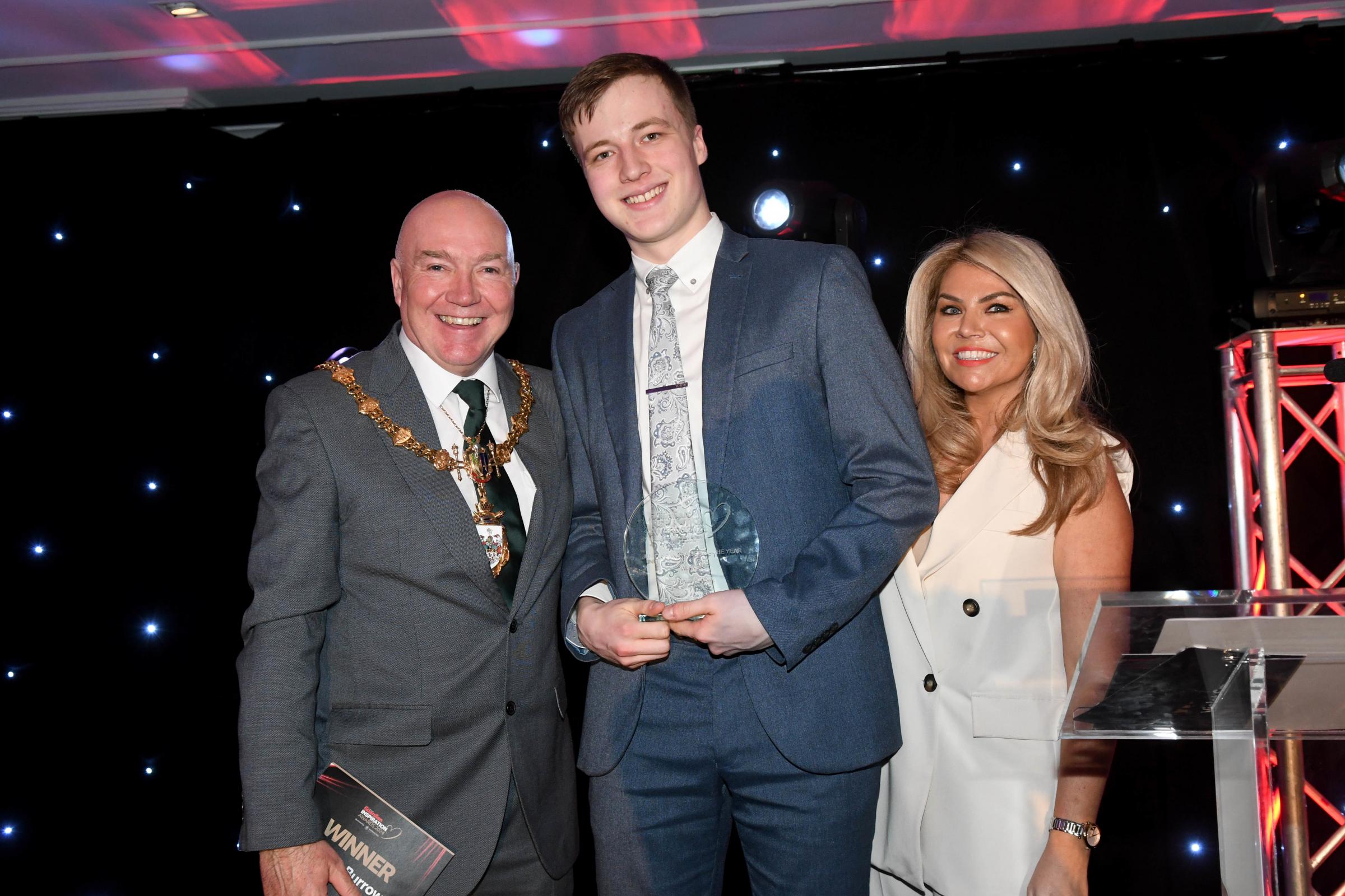Junior Fundraiser of the Year Thomas Burrows with Leanne Campbell and Warrington mayor Cllr Steve Wright