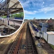 Northwich Railway Station and inset, the damage after the roof collapsed