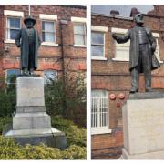 The statues of Brunner and Mond which currently stand in Winnington Works