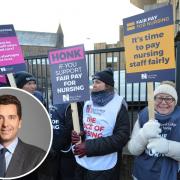 Members of the Royal College of Nursing (RCN) on a picket line and, inset, Edward Timpson MP