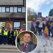 Strikers outside the jobcentre and the Victoria Infirmary in Northwich and, inset, Mike Amesbury MP