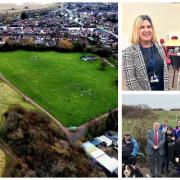 Clockwise from left: St John’s playing fields at Griffiths Park, Rudheath, Cllr Helen Treeby with Esther McVey MP, and Mike Amesbury MP with campaigners