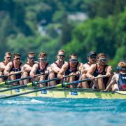 The Great Britain men's eight competing on Lake Bled, Slovenia, with Tom Ford second from the right