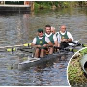 Dr Lee Jones (front) with members of Northwich Rowing Club's senior men's coxed-8 crew during a race on the River Weaver