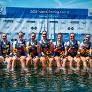 The gold medal winning Great Britain women's eight crew, with Emily Ford fourth from right