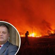 The fires in Greece this summer and, inset, Mike Amesbury