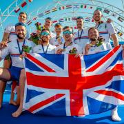 Tom Ford, front right, with the GB men's eight crew celebrating gold at the 2023 World Rowing Championships in Belgrade