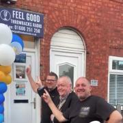 (L to R): Paul Bannister at the station's launch event with town mayor, Ernie Welch, and DJ Darren G