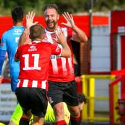 Celebrations after Tom Pope's goal for Witton Albion against Clitheroe