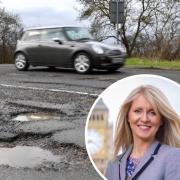 A pothole on a road and, inset, Tatton MP Esther McVey