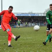 Jake Parker, right, and his 1874 Northwich teammates attempt to cancel a single-goal deficit when they host Thatcham in an FA Vase semi-final second leg
