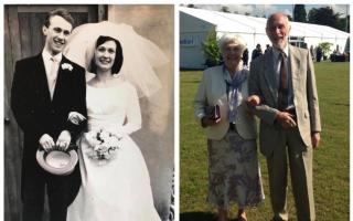 Richard and Margery Hall on their wedding day in 1964 and as they are today