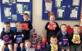 Sydney Hornby (rear left) colleced 370 Easter eggs with the help of his Comberbach Primary classmates