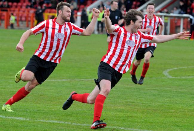 Brad Bauress celebrates after putting Witton Albion in front against Spalding United in Saturday's promotion play-offs final. Picture: Paul Heaps